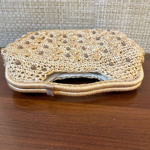 🌟HP🌟VTG 1960s-70s Tan Raffia Straw & Beaded Top Handle Clutch Handbag Japan - Picture 2 of 12